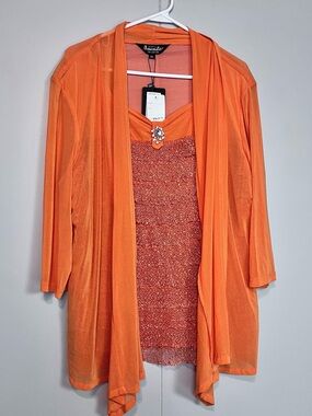 NWT Amanda Collection Layered Look Tunic Top XL Orange Rhinestone Accent